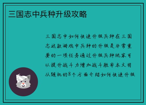 三国志中兵种升级攻略